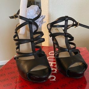 Guess Black leather size 6.5 multiple strap heels